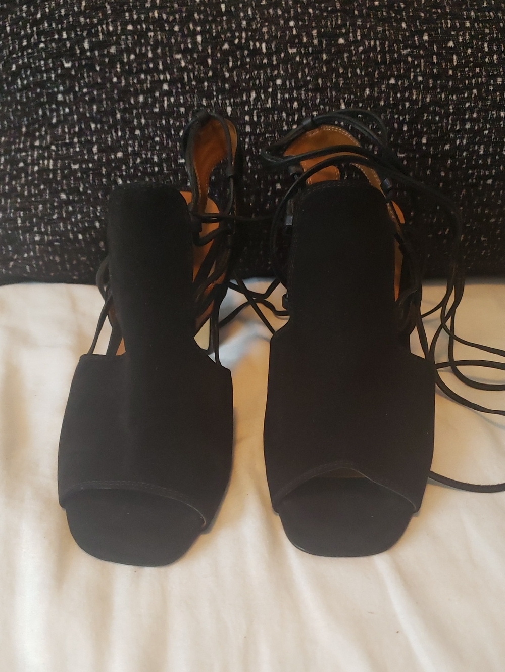 Halston Heritage Black Suede Lace-Up Peep Toe Heels